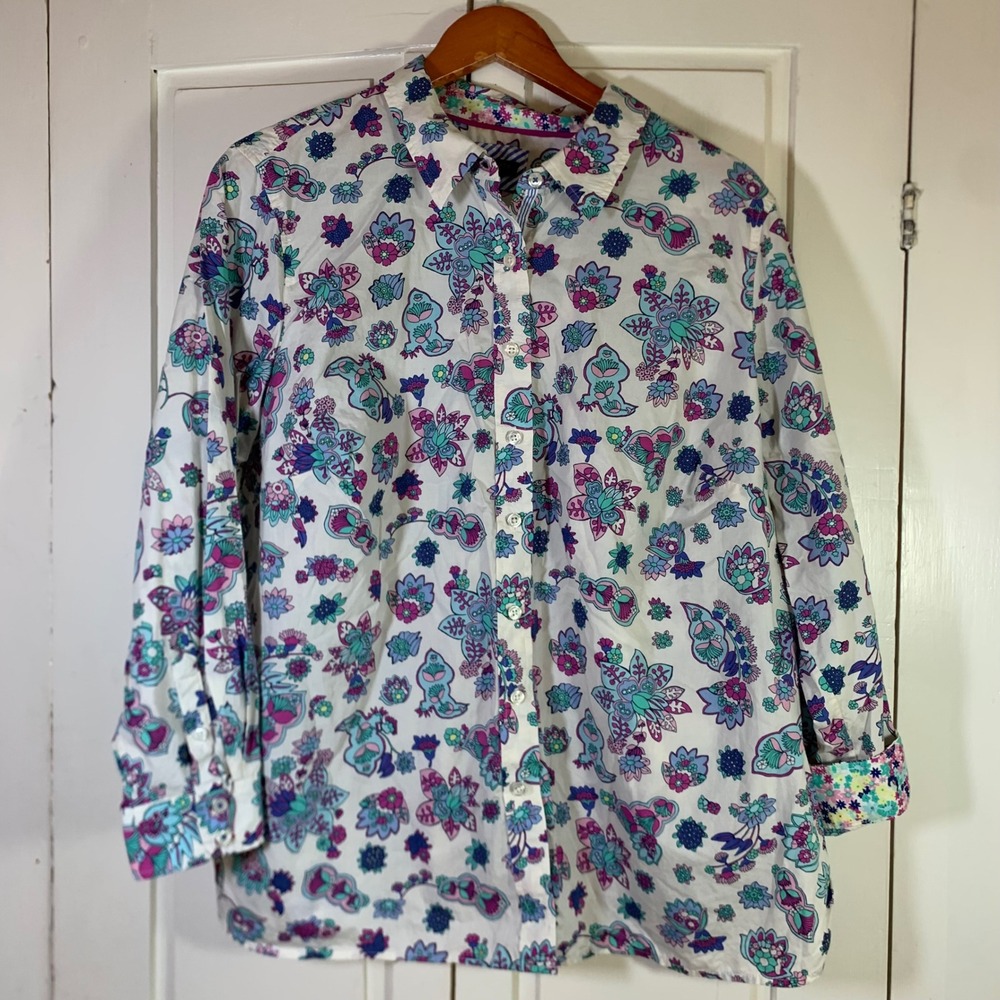 Talbots Plus Petite 2XP Floral Paisley Cotton Button Down Shirt White Blue Teal